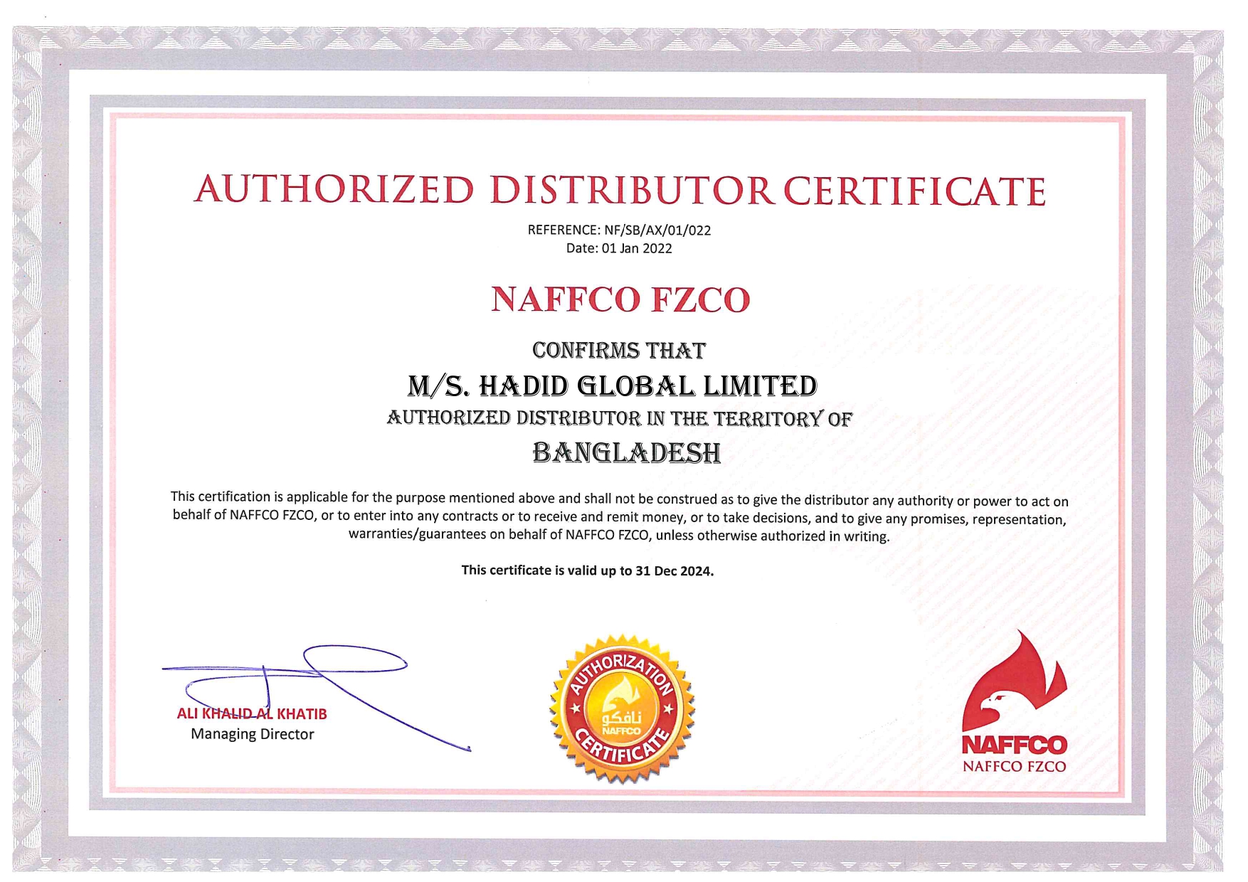 NAFFCO AUTHORIZATION CERTIFICATE