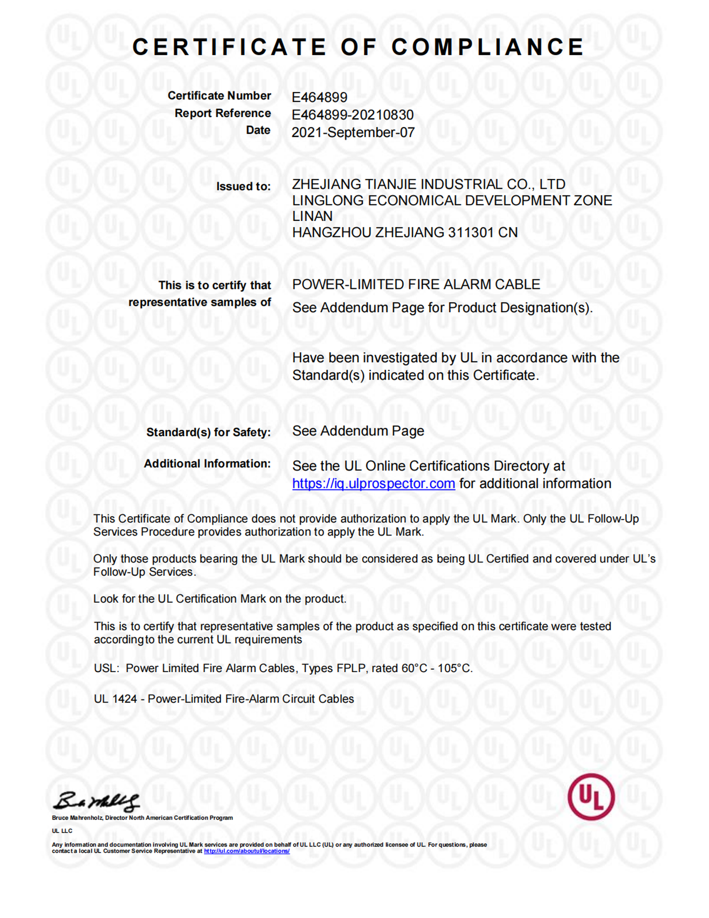 UL FIRE ALARM CABLE CERTIFICATE (TIANJIE)